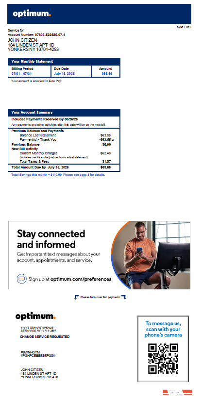 USA Optimum utility bill template in Word and PDF formats, version 2
